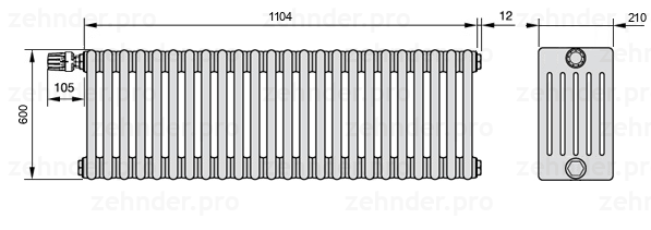 Схема (чертеж) Радиатор Zehnder Charleston 6060/24 №V012 Белый глянцевый RAL 9016